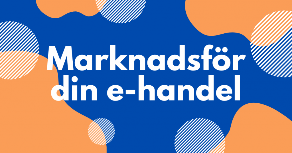 Blå bakgrund med orangea prickar och vit text